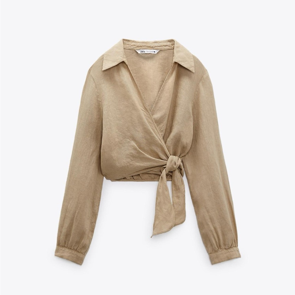 Zara Beige linen Wrap Blouse